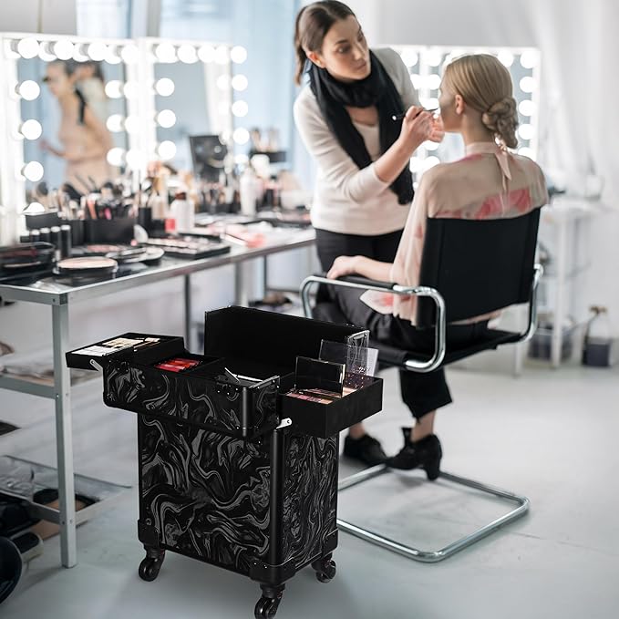 BYOOTIQUE Rolling Makeup Train Case on Wheels Cosmetology Organizer Box Professional Aluminum Cosmetic Trolley Travel Suitcase for Salon Barber Hairstylist Artist,CoyoteButtes Shadows