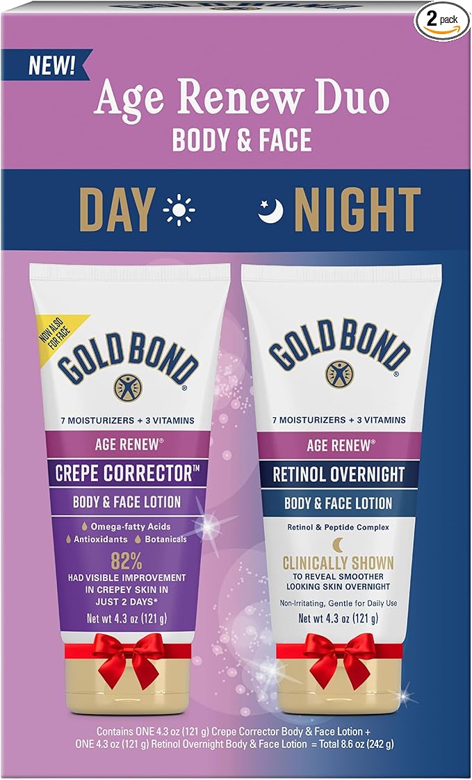 Gold Bond Age Renew Day & Night Duo Lotion Set for Body & Face, Gold Bond Crepe Corrector Lotion, Visibly Firms Skin & Gold Bond Retinol Overnight Lotion, Visibly Smooths Skin, 8.6 oz.