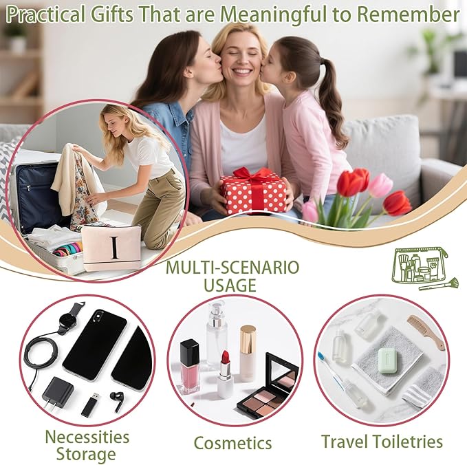 Letter A-Z Initial Personalized Makeup Bags, Birthday Gifts for Women, Monogrammed Gifts for Women Mom Sister Best Friend Bride Bridesmaid, Mothers Day, Christmas, Small Travel Cosmetic Bag (I)