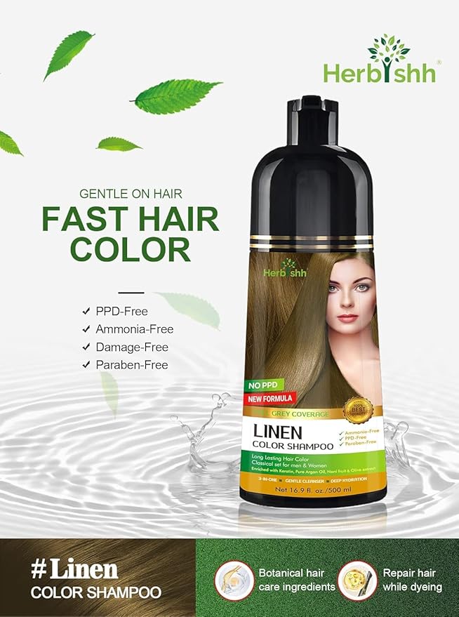 Herbishh Lenin Hair Color Shampoo - 3-In-1 Magic Dye for Gray Hair 500 Ml + Essential Flower Hair Oil - Organic Formula for Dry, Damaged Hair 60 ML