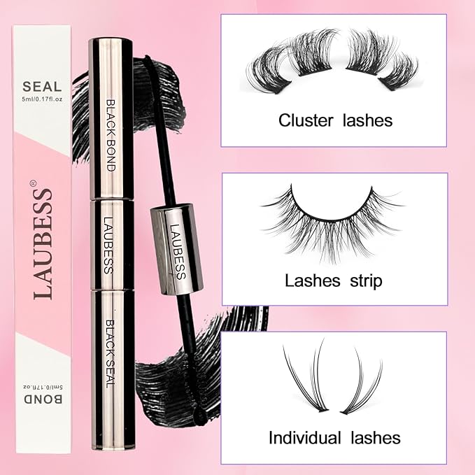 Lash Bond and Seal Lash Glue Waterproof LAUBESS 2-in-1 Cluster Lash Glue for Eyelash Clusters 72H 10ml (Black/Black)