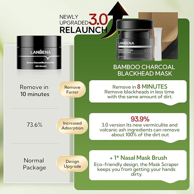 LANBENA 3.0 Bamboo Charcoal Blackhead Remover Mask, 50g/1.76 oz, 120+ pcs Nose Pore Strips, Peel off Face Mask Whiteheads Cleanser Strawberry Nose Purifying, with Amazonian White Clay