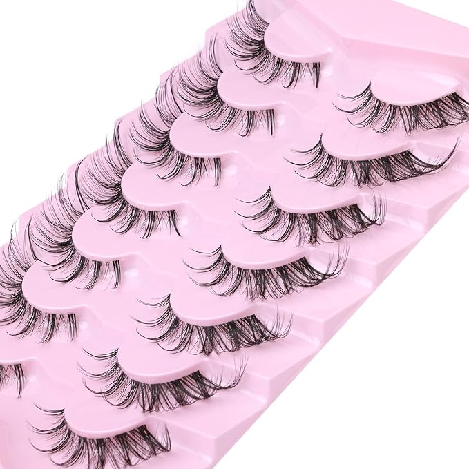 Manga Lashes Fox Eye False Eyelashes Natural Look Faux Mink Lashes Wispy Clear Band Spiky Cat Eye Strip Eyelashes Pack, 7 Pairs