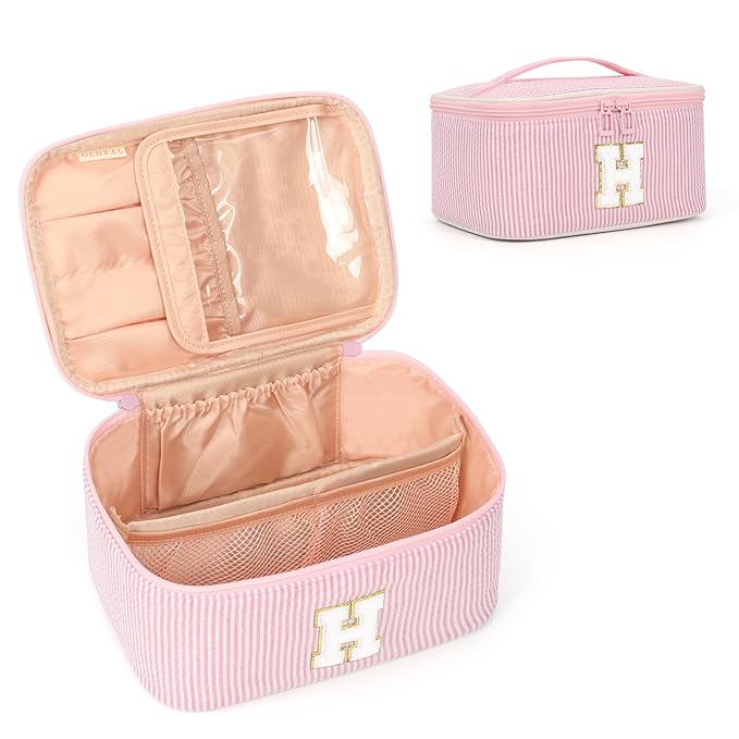 OCHEAL Makeup Bag for Women, Monogram Cosmetic Bag with Brush Holder, Pink Travel Makeup Case Beauty Toiletry Bag Organizer Personalized Gifts for Girls Bridesmaid, Sister, Wife, Friends Initial H
