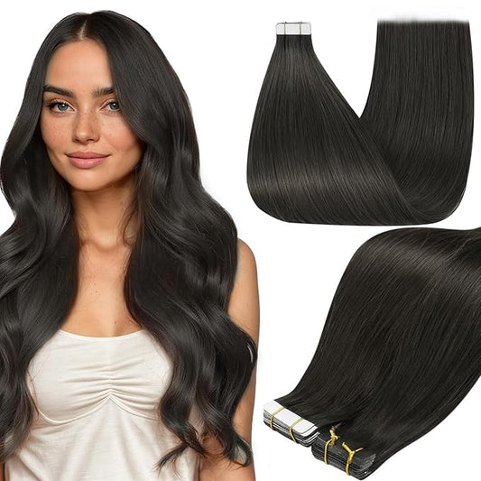 Full Shine Remy Tape in Extensions Human Hair Color 1C Mocha Brown Hair Extensions Real Human Hair Tape in 18Inch Straight Soft Skin Weft 50G 20Pcs Seamless Invisible Extension