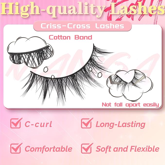 Ahrikiss Lashes Manga Lashes Natural Look Anime False Eyelashes 8 Pairs Faux Mink Lashes Kit with Lash Glue and Lash Tweezers Soft Wispy Fake Eyelashes Cosplay Spiky Strip Lashes (Comic Kit)