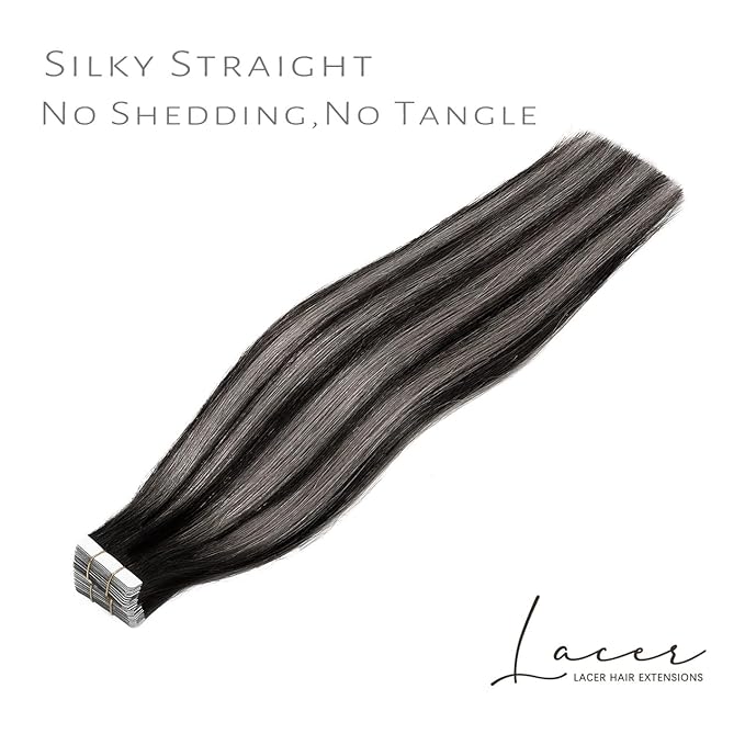 Lacer Hair Extensions Tape ins Natural Black to Silver Highlights Grey Tape in Hair Extensions Real Human Hair 22 Inch 20 Pieces 50 Grams