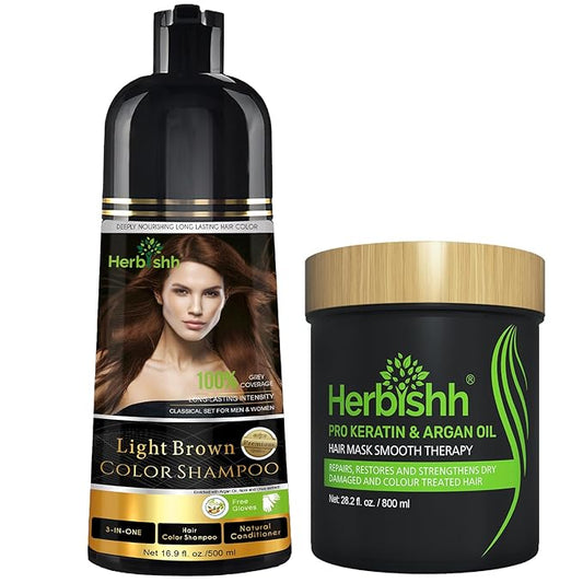 Herbishh Light Brown 3 In 1 Hair Dye Shampoo 16.9 Fl Oz & Argan Oil Mask 28.2 Fl Oz Combo - Champu Para Canas Mujer - Hair Dye Shampoo for Men & Women - Hair Mask For Moisturizer Dry, Damaged Hair
