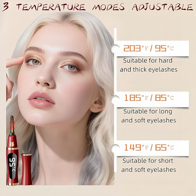 Heated Eyelash Curler – Fast 5s Heat-Up, USB Rechargeable Electric Eyelash Curler, LED Display, Anti-Burn, 24H Long-Lasting Curl, Perfect Gift for Women (Red)