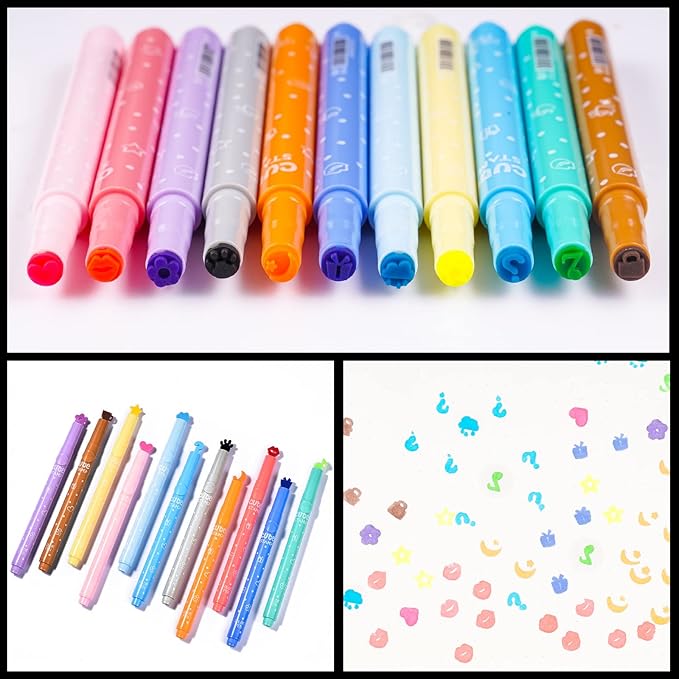 NiArt 11-Pack Cute Candy Color Highlighters with Mini Stamper Tips for Coloring, Drawing, Illustrating, Journaling and Art Crafts, Creative School Classroom Self-Inking Stationery for Kids