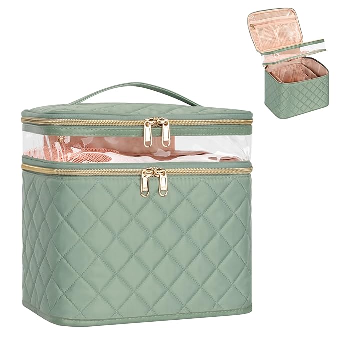 OCHEAL Large Makeup Bag, Double Layer Makeup Bag, Vertical Storage Cosmetic Case for Women/Girls with Multiple Compartments-Green