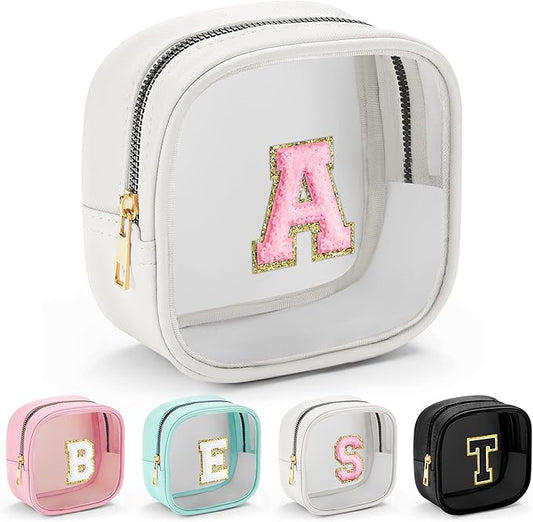 YOOLIFE Small Makeup Bag, Clear Makeup Bag Preppy Cosmetic Bags Travel Essentials Gifts for Women Teen Girlfriend Teacher Birthday Gifts 12 13 14 15 16 Years Old Girl Gifts Trendy Stuff White Mini A