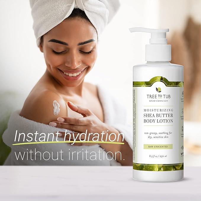 Tree to Tub Unscented Shea Butter Body Lotion for Dry Skin Fragrance Free Sensitive Skin Lotion for Women & Men - Shea Butter Hand Cream for Dry Cracked Hands Moisturizing Sensitive Skin Hand Lotion
