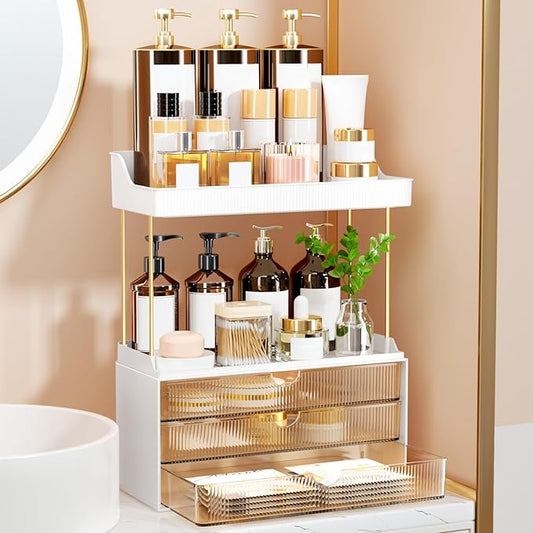 3 Drawers Makeup Organizer - 5 Tier Bathroom Counter Organizers and Storage, Versatile Perfume Vanity Organizer, Ideal for Cosmetic, Large Skincare, Face Mask, Office Supplies, Amber