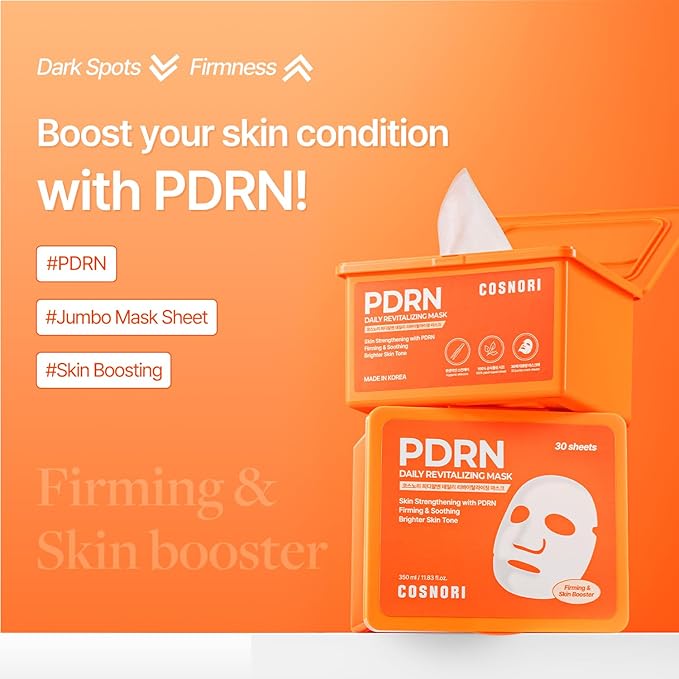 COSNORI PDRN Daily Revitalizing Mask - Skin Strengthening with PDRN, Firming & Soothing, 100% Plant-Based Sheet Mask, 30 Sheets, 11.83 fl.oz