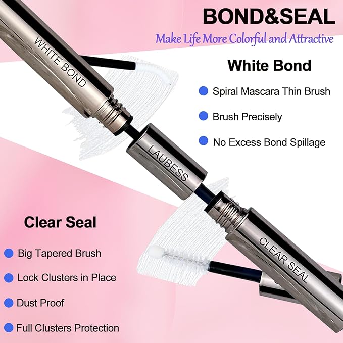 Lash Bond and Seal Lash Glue Waterproof LAUBESS 2-in-1 Cluster Lash Glue for Eyelash Clusters 72H 10ml (White/Clear)