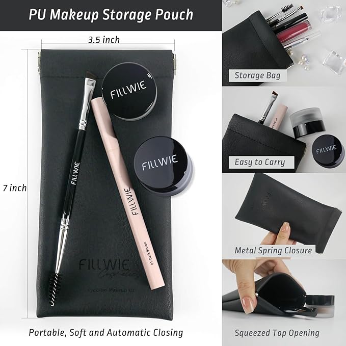 Eyebrow Pomade Stamp 2 - Pack, Microblading 4 Tip Liquid Eyebrow Pen, Eye brow Kit with Angled Spoolie Brush and PU Pouch for Travel (DarkBrown+Black)