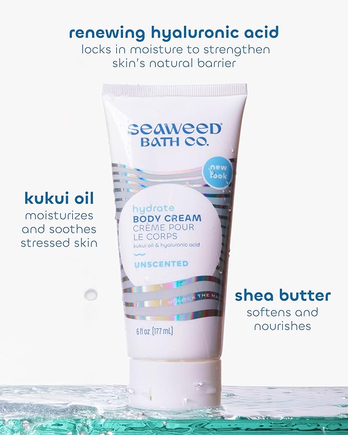 Seaweed Bath Co. Hydrate Body Cream - Unscented | Nourishing Moisturizer for Body and Hands | With Vitamin E, Hyaluronic Acid and Shea Butter For Dry Skin | 6 oz