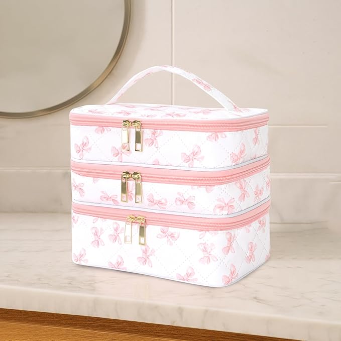 Travel Makeup Bag for Women Three Layer Large Cosmetic Case Water-resistant Toiletry Bag Organizer for Store Toiletries Cosmetic Accessories and Manicure Sets Pink Butterfly