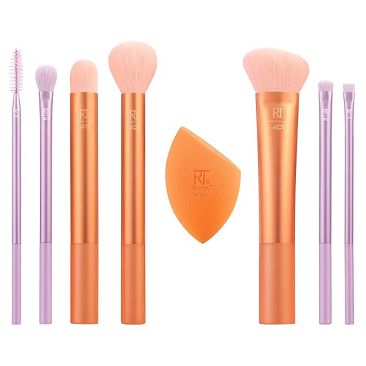 Real Techniques 8 Piece Level Up Brush And Sponge Set, Makeup Brushes For Eyeshadow, Foundation, Blush, & Bronzer, Makeup Blending Sponge, Synthetic Bristles, Stocking Stuffer, Cruelty-Free