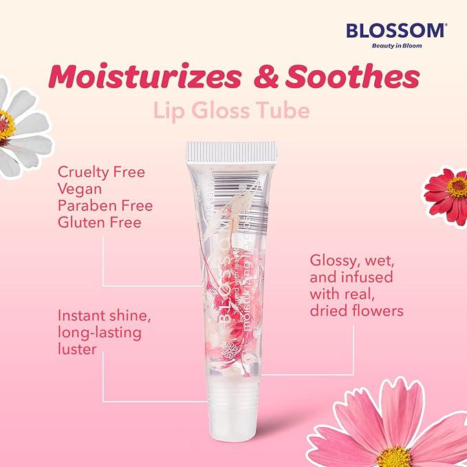 Blossom Moisturizing Lip Gloss Tubes, Roll on Perfume Oil, Natural Essential Oils, Scented pH Color Change Lip Balm with Real Flowers, 0.7 fl. oz/15mL, 3 Pack Gift Set, Cherry/Honey Jasmine/Turquoise