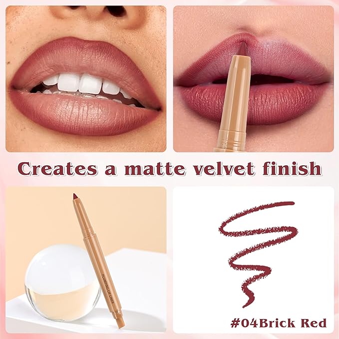 Matte Lip Liner, Plump Lipliner Pencil Crayon，Creamy Matte Finish with Silicone Smudger For Women, High-Pigment Smooth Formula for Sculpting &Contours Lip，Longwear，Lips Makeup，04#Brick Red