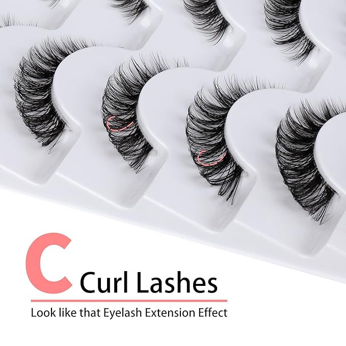 False Eyelashes Wispy Natural C Curl Strip Lashes Transparent Lash Bands Fluffy Cat Eye Lashes 7 Pairs by Yawamica
