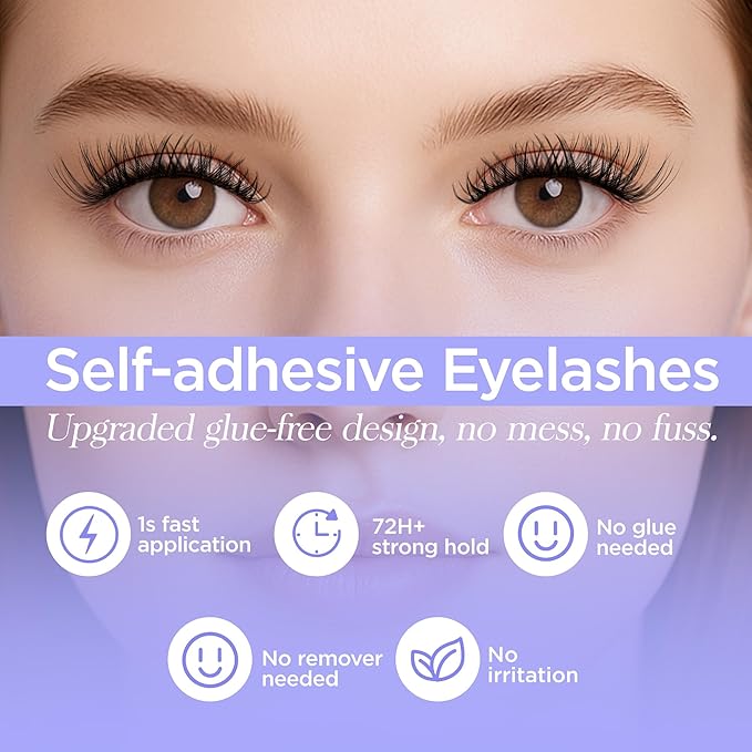 Self Adhesive Eyelashes, Winkgiggle 60pcs No Glue Needed Self Adhesive Lash Clusters, Reusable Pre-Glued Eyelashes No Remover No Residue for Beginners