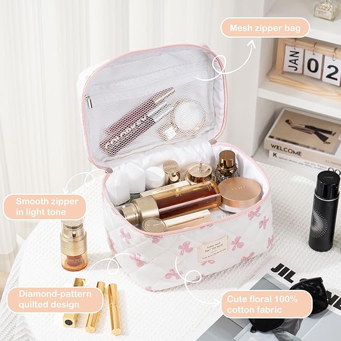 Makeup Bag for Women Quilted Cotton Make Up Bag Travel Cosmetic Bag Large Makeup Bag Cute Bow Makeup Bags Organizer Floral Toiletry Bag Makeup Pouch for Purse, Pink Bow