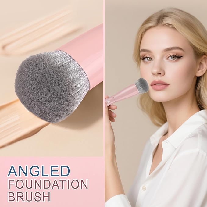 KINGMAS Foundation Makeup Brushes, Angled Kabuki Concealer Brush Under Eye Nose Contour Brush for Liquid Cream Powder Blending Buffing (Pink)