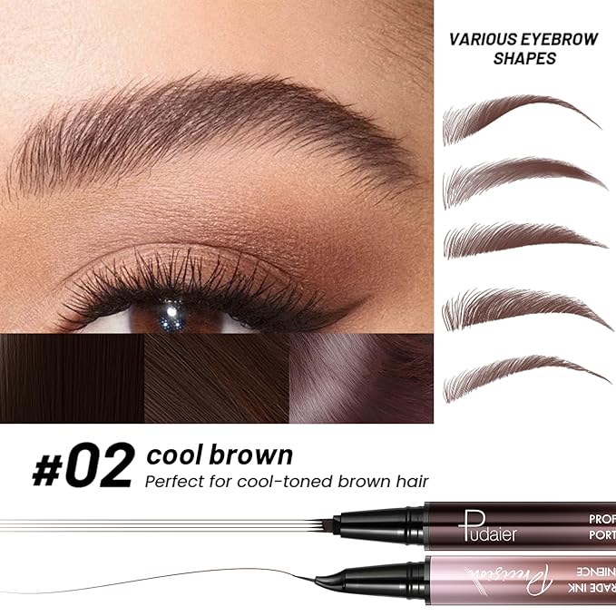 Pudaier 2-in-1 Curved Eyebrow Pen & Eyeliner with 10Pcs Brow Stencils, Microblading Eyebrow Pencil, Waterproof & Long Lasting, Cool Brown