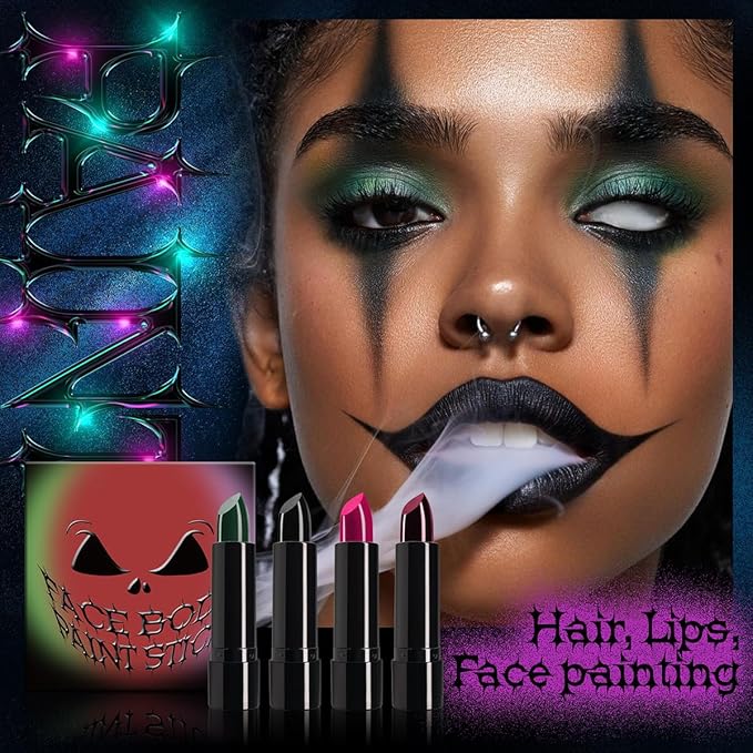 4 Colors Halloween Face Body Paint Matte Lipstick High Impact Lipcolor with Moisturizing Creamy Formula Long Lasting Waterproof Velvet Lip Stick for Sports Halloween Party Clown (Set B)