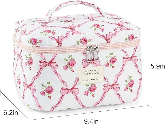 Makeup Bag for Women Quilted Cotton Make Up Bag Travel Cosmetic Bag Large Makeup Bag Cute Bow Makeups Organizer Floral Toiletry Pouch for Purse