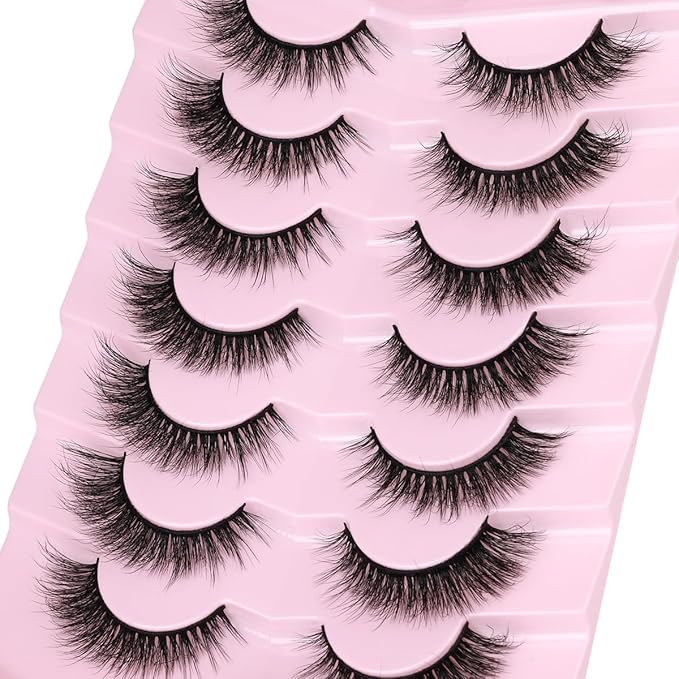 Lashes Natural Look Faux Mink Lashes Wispy Eyelashes Short Natural False Lashes Cat Eye 6D Volume Strip Lashes Pack 7 Pairs