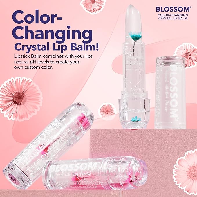 Blossom Moisturizing Lip Gloss Tubes, Roll on Perfume Oil, Natural Essential Oils, Scented pH Color Change Lip Balm with Real Flowers, 0.7 fl. oz/15mL, 3 Pack Gift Set, Cherry/Honey Jasmine/Turquoise