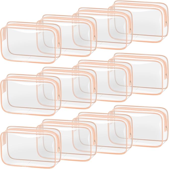 TISRATOK 12 PCS Clear Makeup Bag for Women with Zipper, TSA Approved Toiletry Pouch, Cosmetic Bag Bulk for Travel Organizer Essentials - Orange-pink, Medium