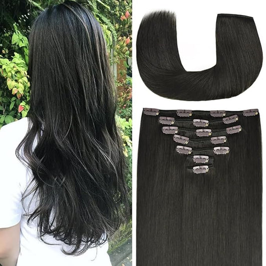 18 Inch Clip-in Hair Extensions Remy Human Hair for Women - Soft Handmade Real Human Hair Clip in Extensions, Straight, Thick, 135g 7pcs Natural Black #1B Color