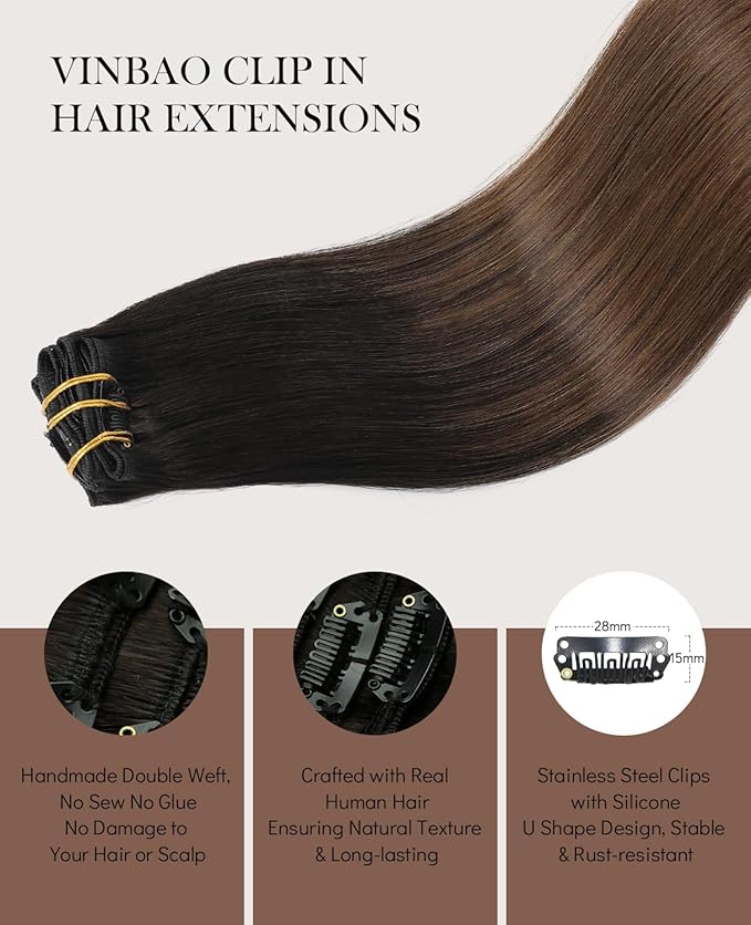 VINBAO Clip in Hair Extensions Remy Human Hair Color 1B Natural Black Fading to 4 Middle Brown 14 inch 100 Gram 6 Pcs Soft Clip in Real Human Hair Extensions for Women Thick End (#1BT4,14'')