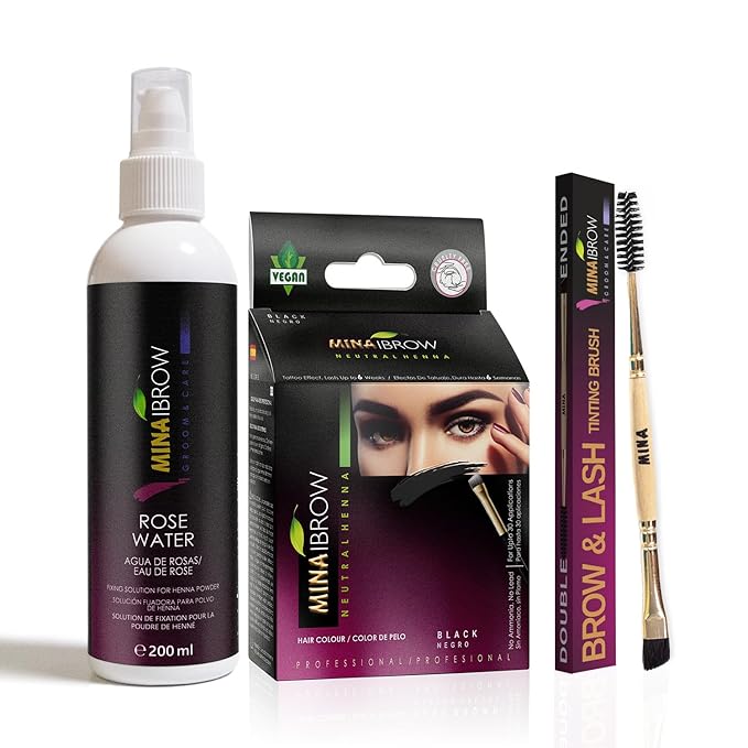 MinaiBrow Black Natural Tinting Powder with Rose Water & Duo Angled Brush | Smudge-Proof Instant Brow Dye for 100% Gray Coverage