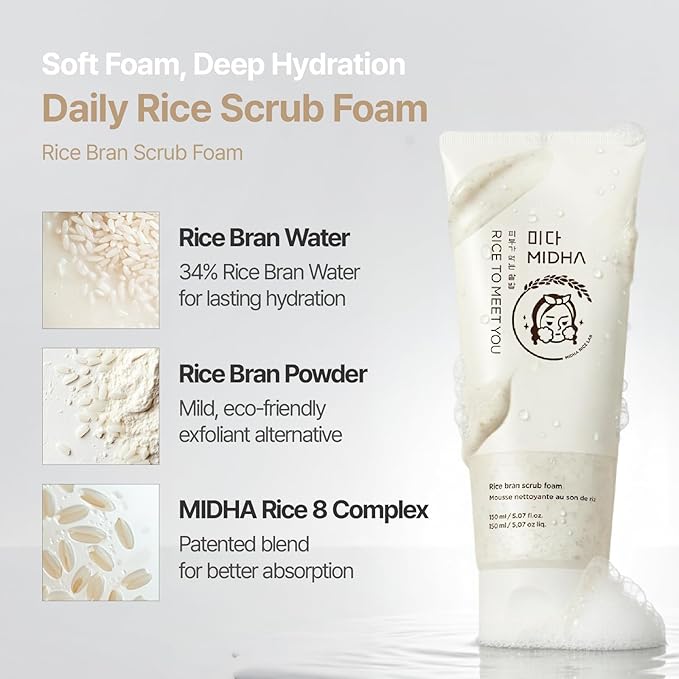 MIDHA RICE BRAN SCRUB FOAM 5.07fl.oz/150ml, Deep Cleansing, Pore-Purifying, Gentle Exfoliating – Soft Micro-Foam Face Wash with Balanced pH & Hydrating, Nourishing Care