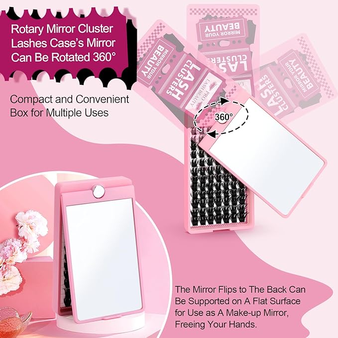 PRO Lash Clusters, 84Pcs Cluster Lashes Rotary Mirror Case Individual Lashes DIY Lash Extension Eyelash Clusters 10-16 Mix Fluffy Wispy Lashes Thin Band Not Fall Apart(Posh, C-10-16mix)