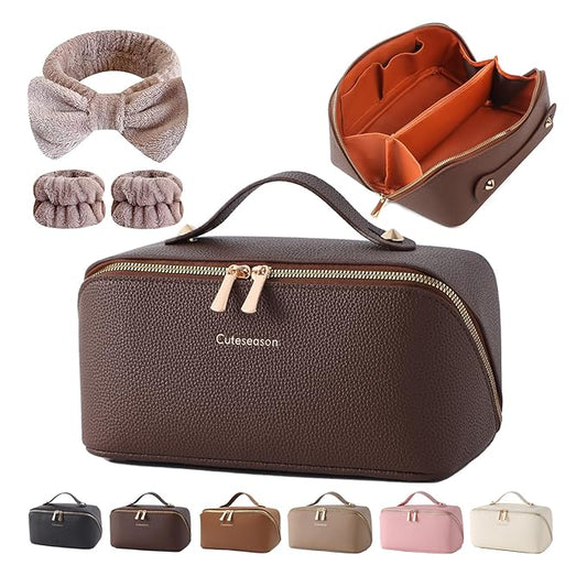 Makeup Bag, Travel Toiletry Bag for Women, Large Capacity Waterproof PU Leather Cosmetic Bags Make Up Organizer Bags with Headband and Wristband Set (Brown, Lychee Pattern)