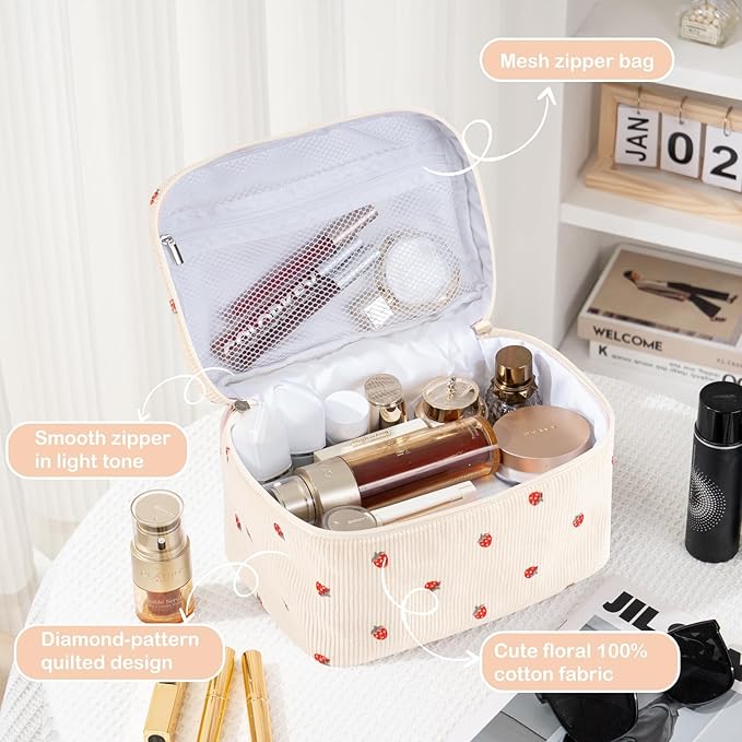 Makeup Bag for Women Quilted Corduroy Make Up Bag Travel Cosmetic Bag Large Makeup Bag Cute Makeup Bags Organizer Toiletry Bag Makeup Pouch for Purse, Mini Strawberry