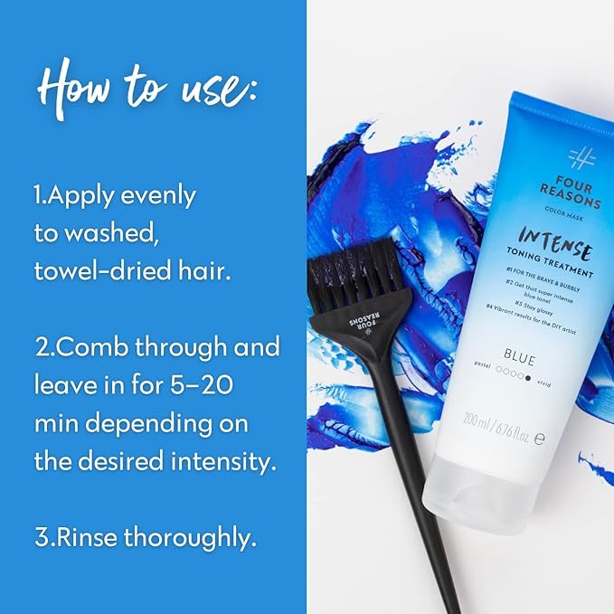 Four Reasons Color Mask INTENSE- Blue – (27 Colors) Intensive Toning Treatment - Color DepositingConditioner – Semi Permanent Hair Dye for Lightened and Colored Hair– 100% Vegan, 6.76 fl oz