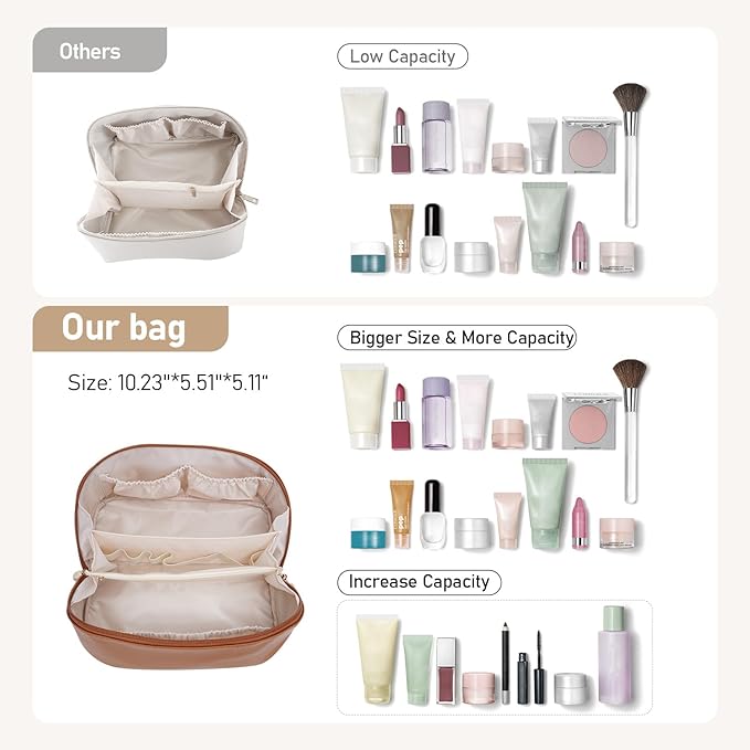 Large Capacity Cosmetic Bag for Women, Waterproof PU Leather Makeup Bag for Travel,Toiletry Bag Make up Organizer with Divider and Handle (Brown)