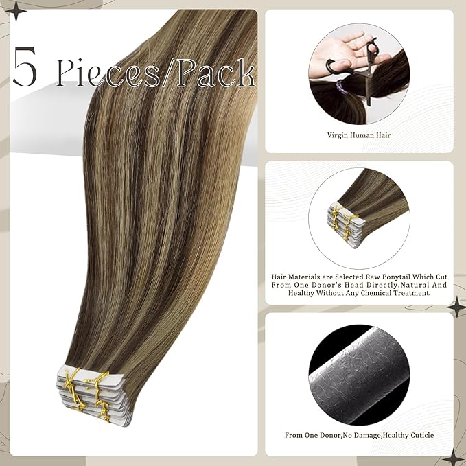 Full Shine Remy Virgin Injection Tape in Hair Extensions Real Human Hair Color BM Balayage Tape in Extensions 16 Inch Seamless Tapes in Human Hair Invisible Tapes Extensions 5Pcs 10G