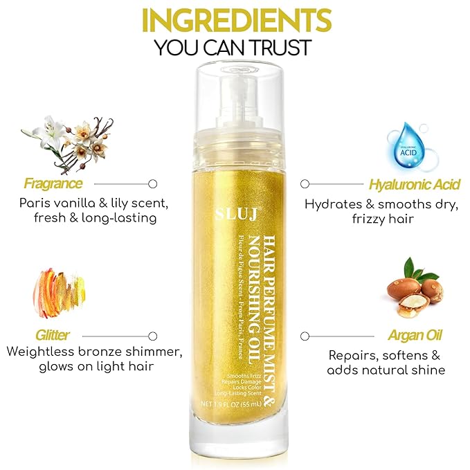 SLUJ Hair Perfume for Women - Hair Mist with Argan Oil & Gold Shimmer, Lightweight Hair Oil Spray for Dry Hair, Heat Protection Spray for Hair, Long Lasting Hair Scent