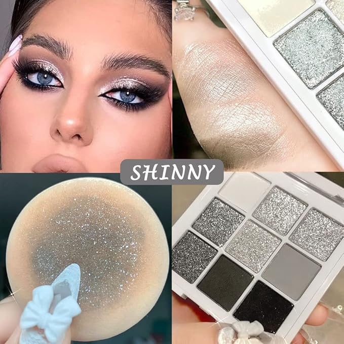 evpct 9 Colors Silver Gray Glitter Eyeshadow Palette, Black Smokey Grey and Silver White Sparkle Glitter Shimmer Shiny Eye Shadow Palette Makeup for older Women, High Pigment Eyeshadow Sombra de ojos