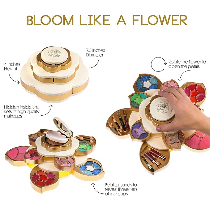 All In One Makeup Kit for Teens and Women - Flower Makeup Set for Girls 10-12 - Pigmented Eyeshadows, Lip Creams, Blushes, Concealer and Mirror - Full Starter Makeup Gift Set for Beginners