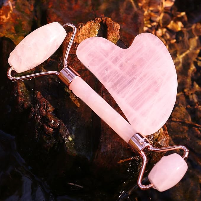 HOTACE Jade Roller Gua Sha Set Natural Rose Quartz Jade Roller for Face Beauty Facial Roller Massager Tools Face Skin Care Tools-Pink